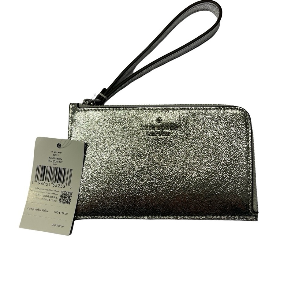 NWT Kate Spade Lucy Metallic Silver Small L-zip Wristlet Metallic Leather
